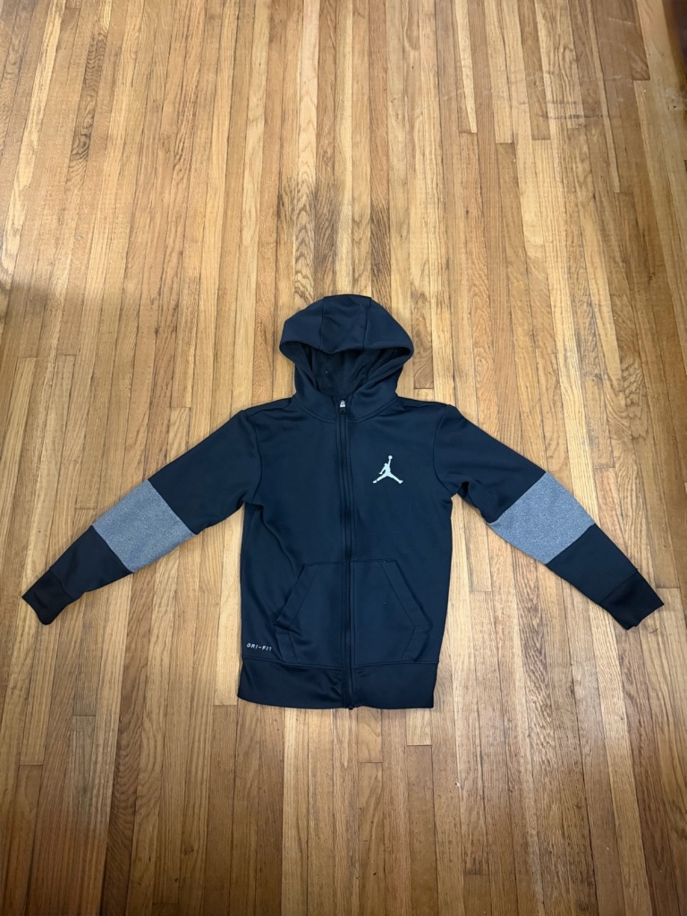 Jordan Boys Medium Black Hooded Full-Zip Jacket with Grey Sleeve Panels